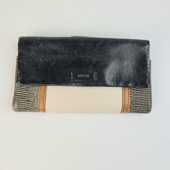 Fossil Handbags - Fossil Ellis Multi Patchwork leather black brown and cream clutch wallet